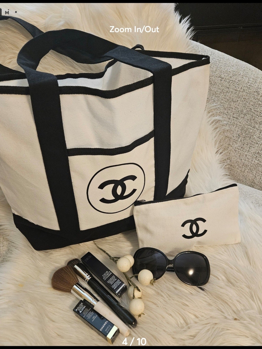 White and Black Canvas Tote with Pouch - Picture 4 of 10